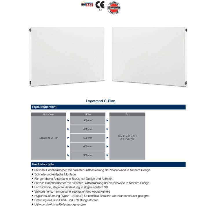 Buderus Kompakt C- Plan Heizkörper Bauhöhe 300 mm Typ 11 21 22 33 Länge 400-3000