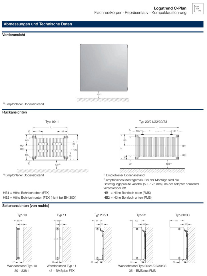 Buderus Kompakt C- Plan Heizkörper Bauhöhe 300 mm Typ 10 20 30 Länge 400-3000 mm