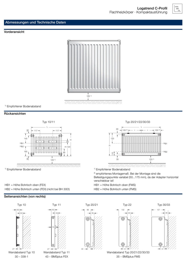 Buderus Kompakt C- Profil Heizkörper Bauhöhe 400mm Typ 10 20 30 Länge 400-3000mm