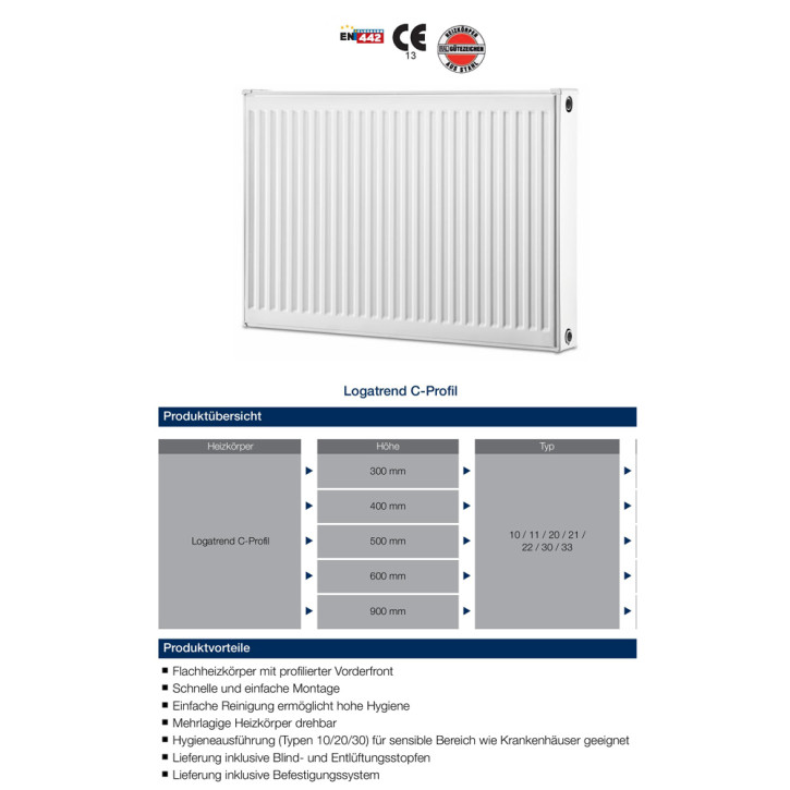 Buderus Kompakt C- Profil Heizkörper Bauhöhe 500 mm Typ 11 21 22 33  L= 400-3000