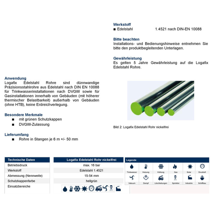 Edelstahlrohr nickelfrei Trinkwasser 6m Stangen Ø15-54 DN12-DN50 Buderus Logafix 15 x 1,0 mm (DN12)