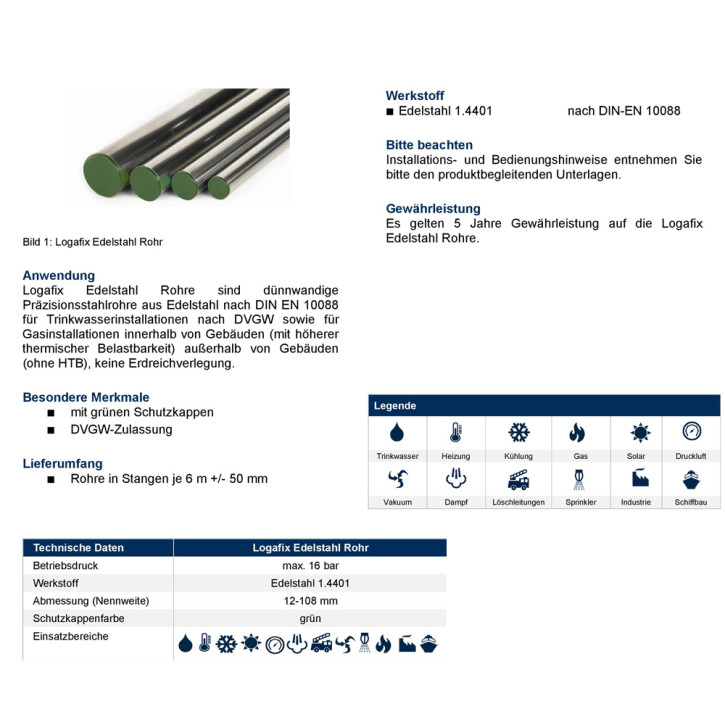 Edelstahlrohr in 6m Stangen Buderus Logafix 15 18 22 28 35 42 54 76 88 108