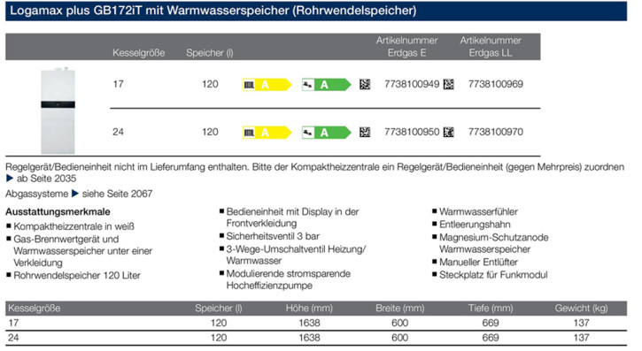 Buderus Logamax plus GB172i T120 T100S Gas Brennwert Kompaktheizung mit Speicher E/H umstellbar auf L/LL / OHNE / 17 kW / Ohne Anschluss-Set / 100 l. Schichtenladespeicher