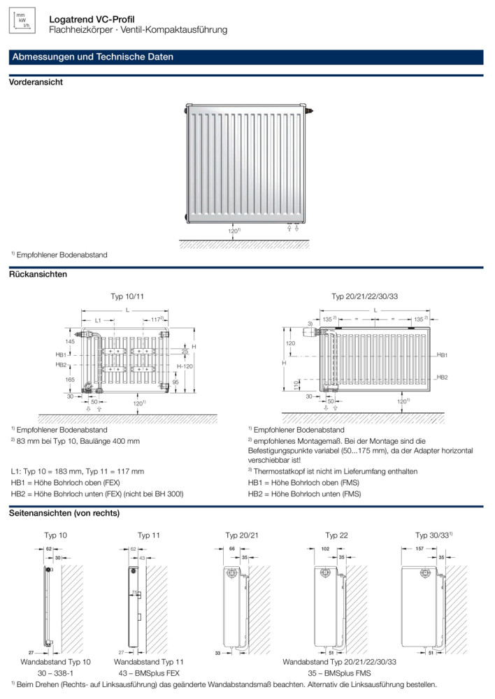 Buderus Ventil VC- Profil Heizkörper Bauhöhe 900 mm Typ 11 21 22 33  L= 400-3000